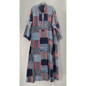 Horchow Collection Women’s 3/4 Sleeve Popover Duster Robe Red White Blue Size L